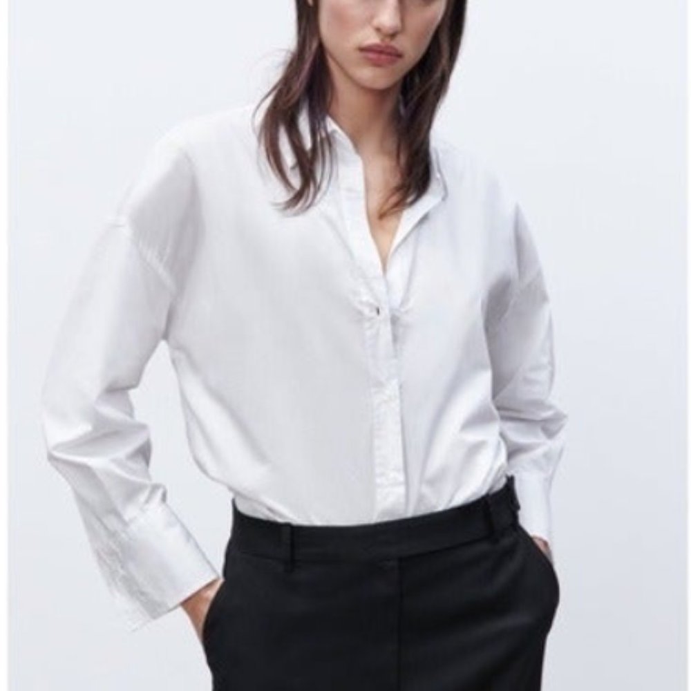 NWT Zara White Button Down Poplin Shirt